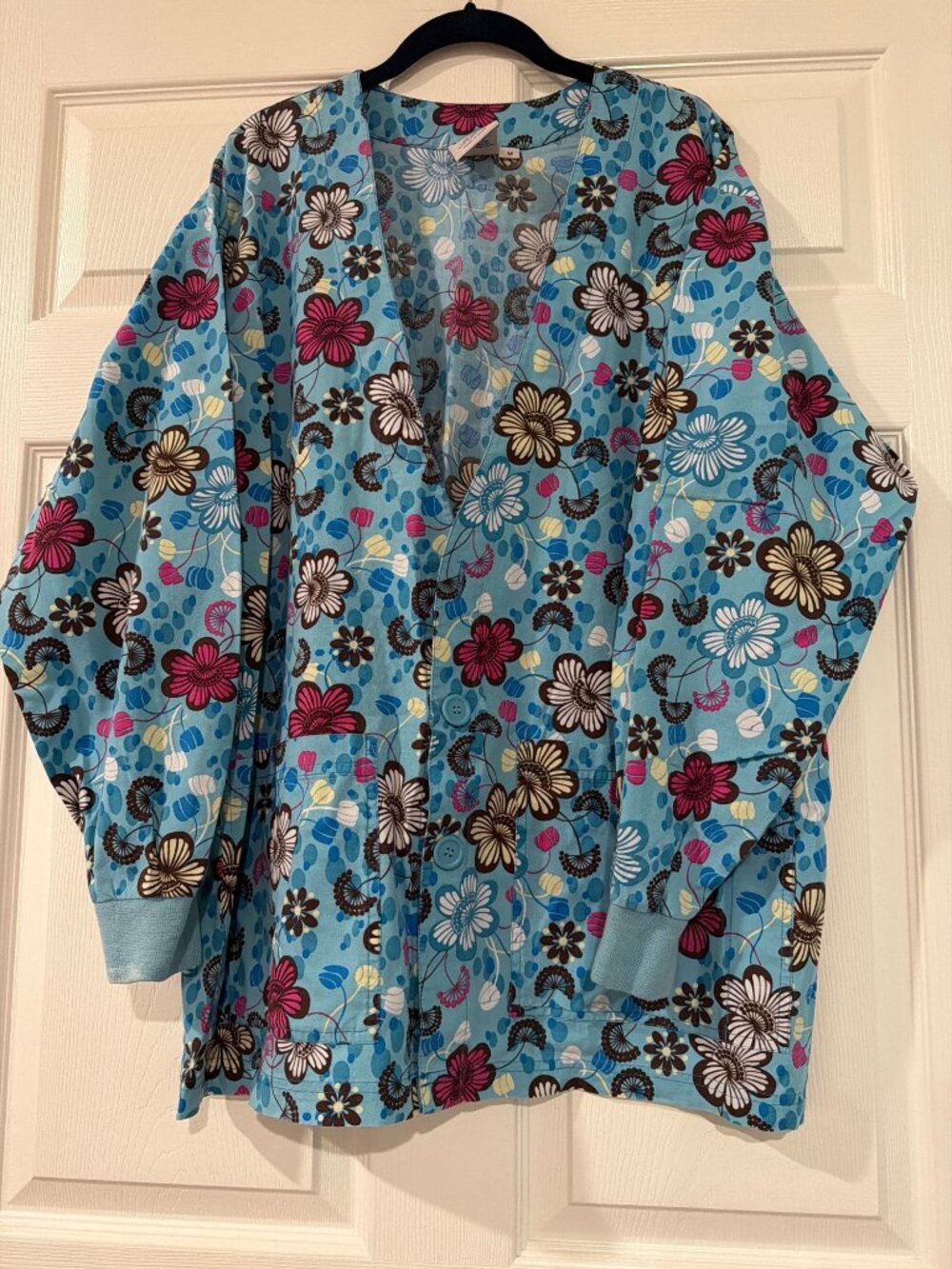 Floral Blue S.C.R.U.B.S. Womens Button-Up Scrub Jacket With Pockets Size M